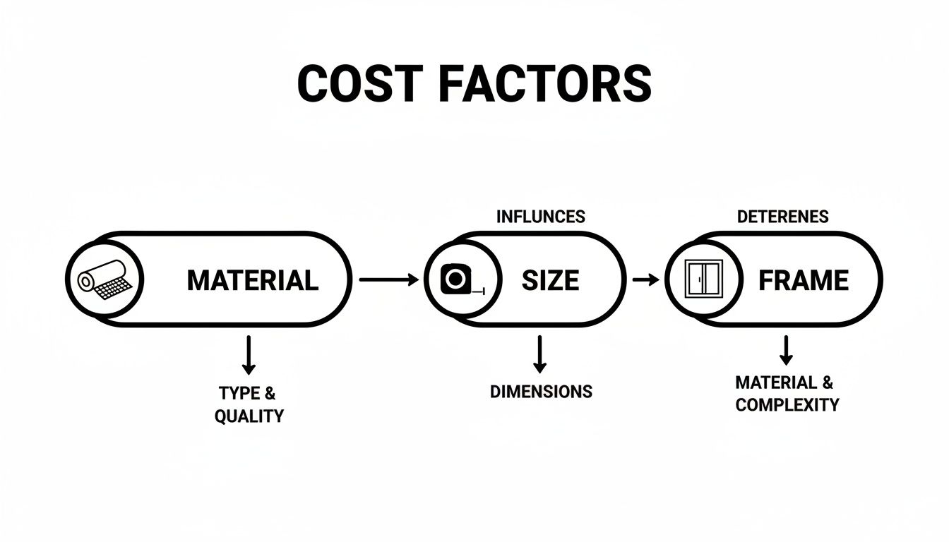 Flow chart illustrating cost factors for a product, detailing material, size, and frame influences.