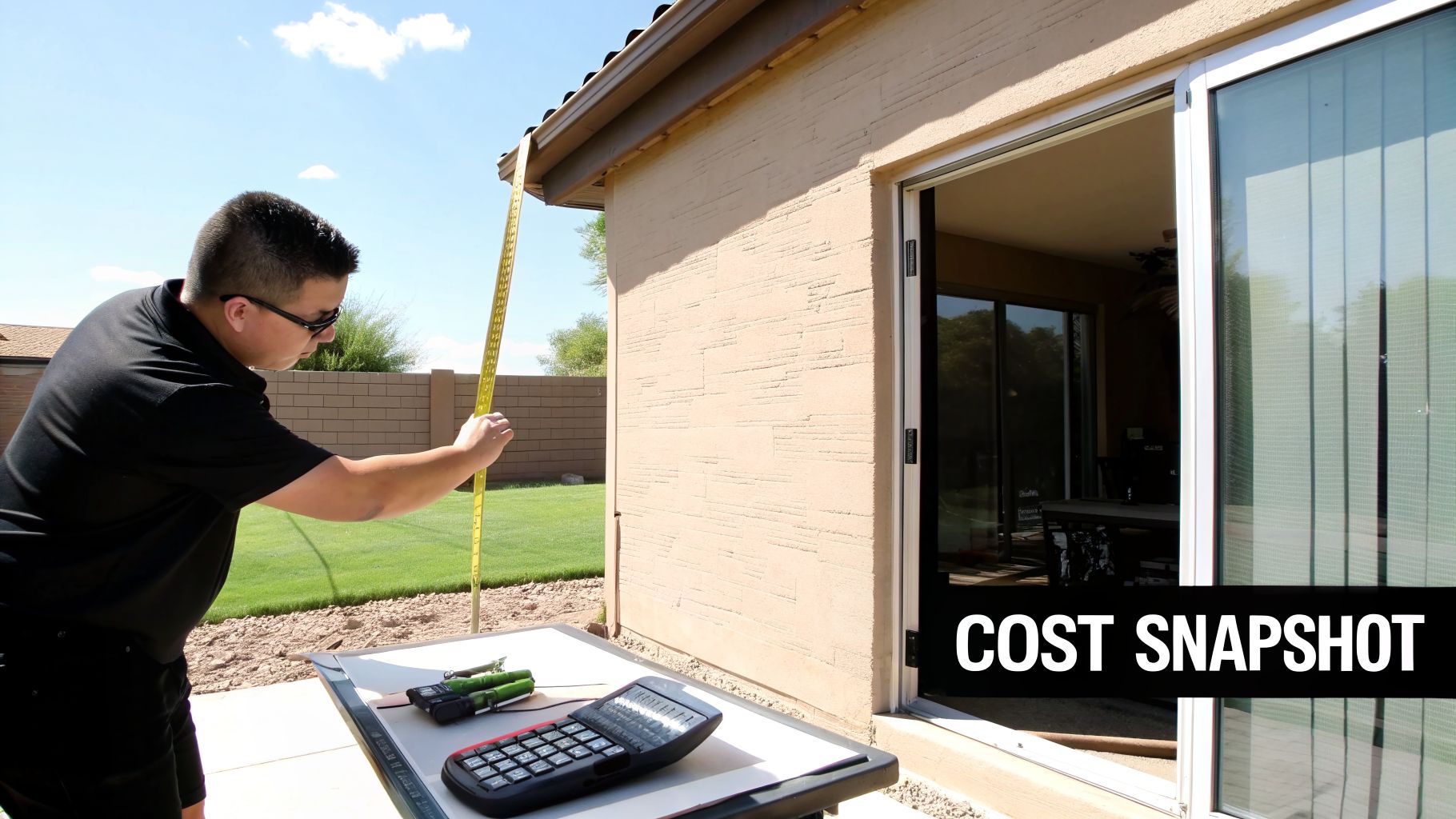 A man wearing sunglasses measures the height of a house next to a sliding glass door.