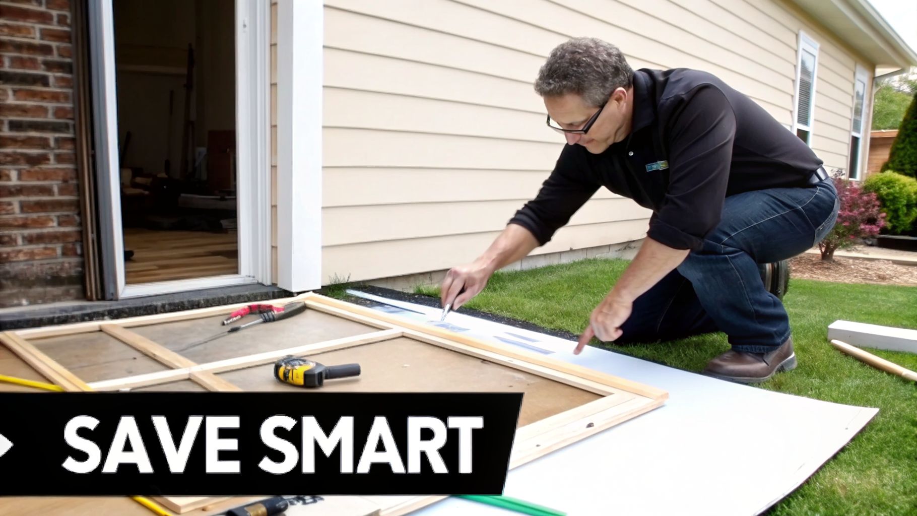 A man precisely cuts a white sheet for a screen replacement on the grass next to a house.