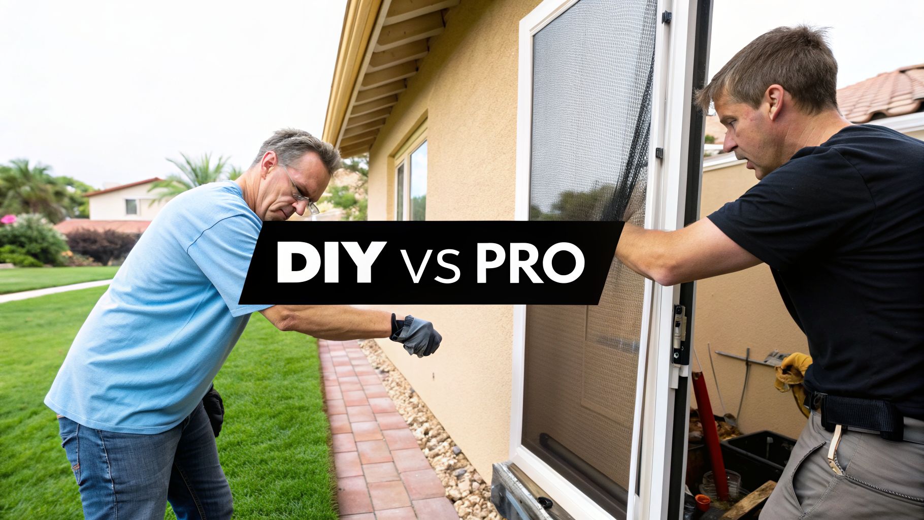 Two men, one doing DIY and the other a pro, working on replacing a patio screen.