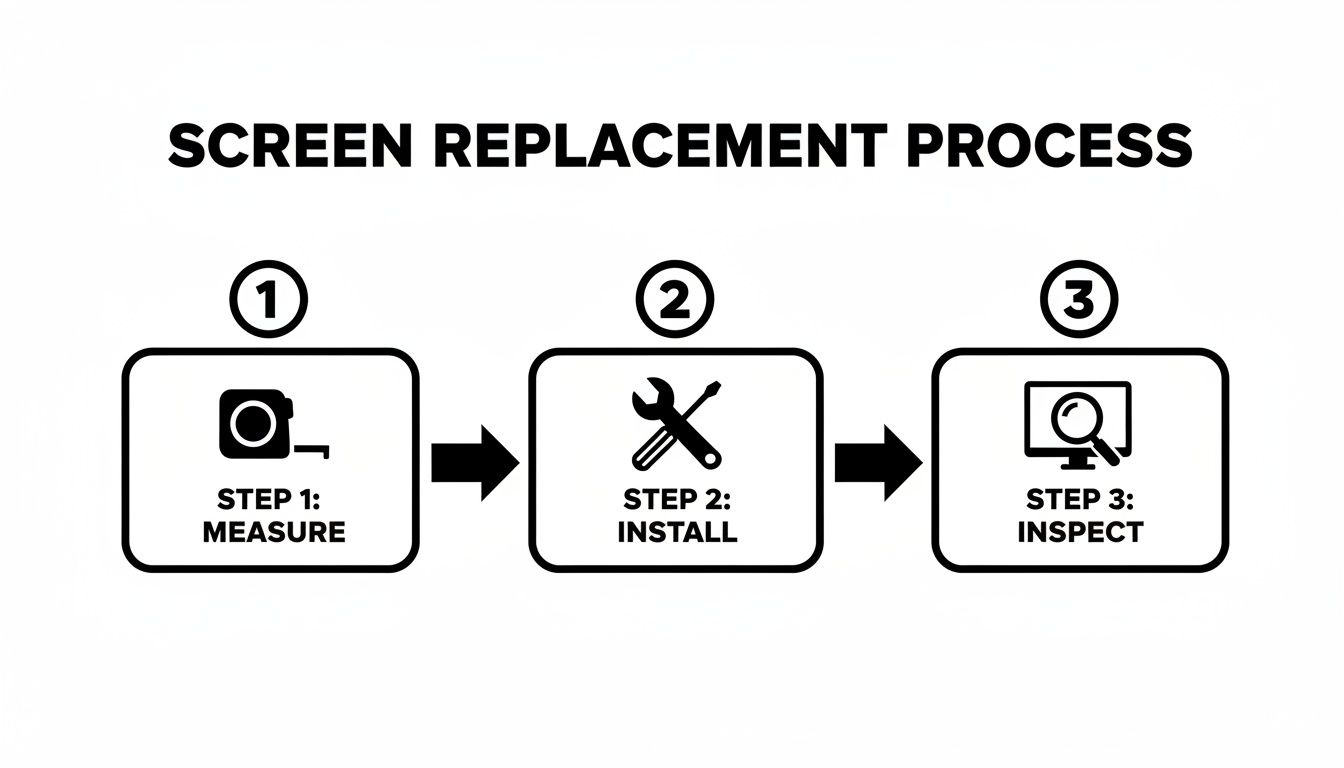 A diagram illustrates a 3-step screen replacement process: Measure, Install, and Inspect.