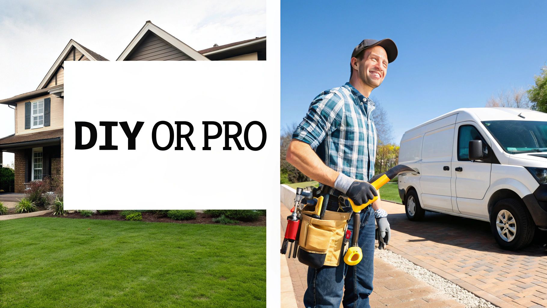 A split image showing a house on the left and a smiling handyman with a van on the right, with 'DIY OR PRO' text.