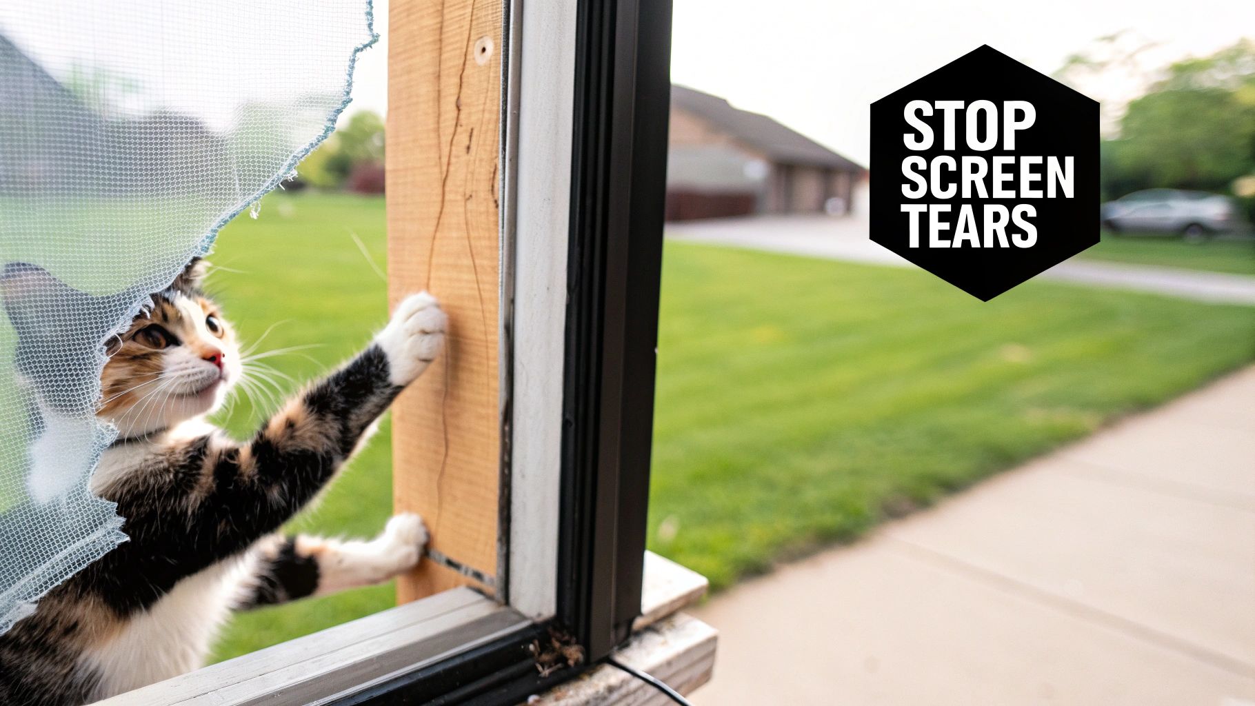 A playful calico cat has torn a window screen, looking outside with a 'STOP SCREEN TEARS' logo.