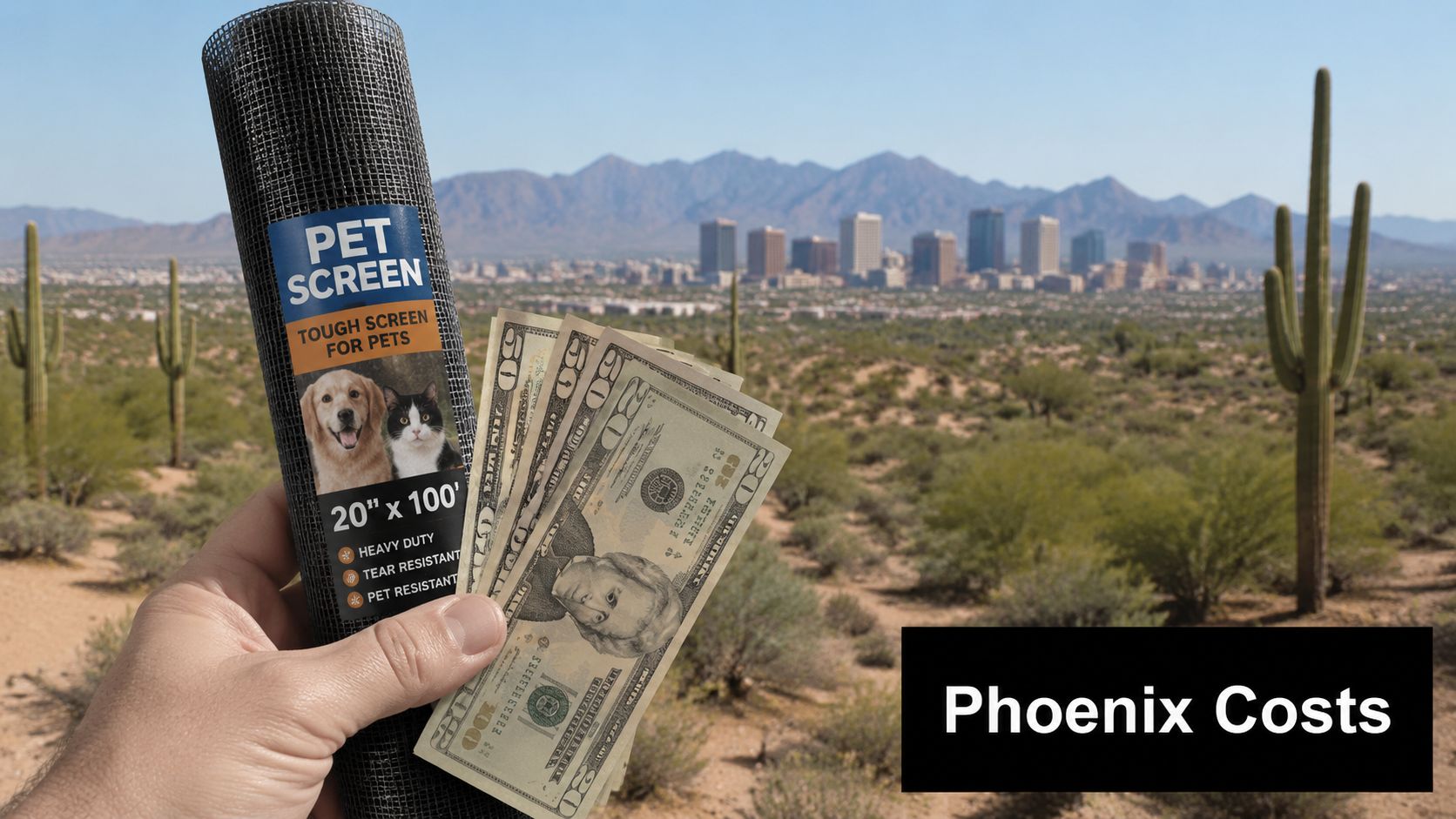 A hand holding a roll of black pet screen against a Phoenix desert landscape background.