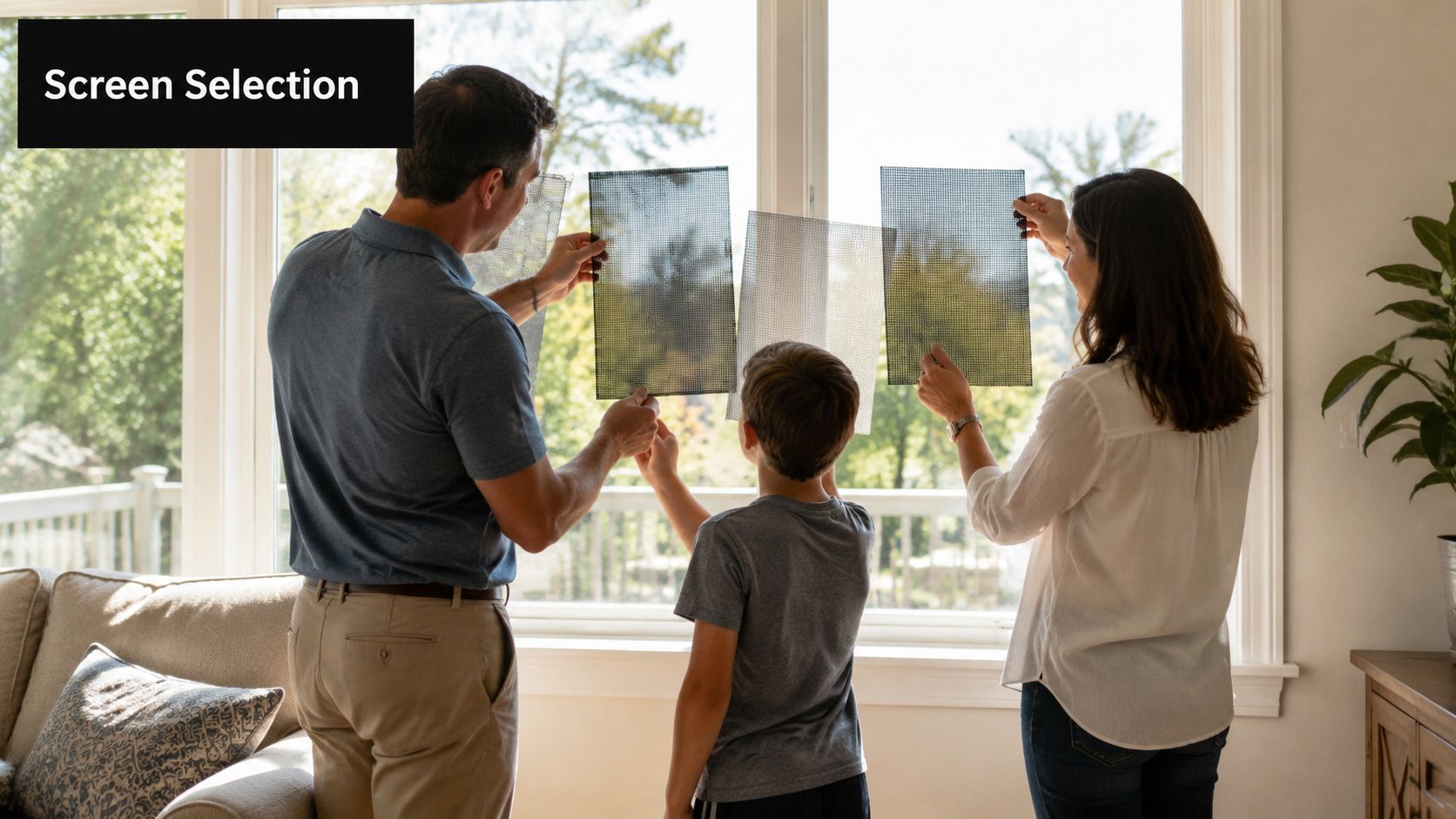 A family standing in a living room evaluating different types of mesh window screen samples.