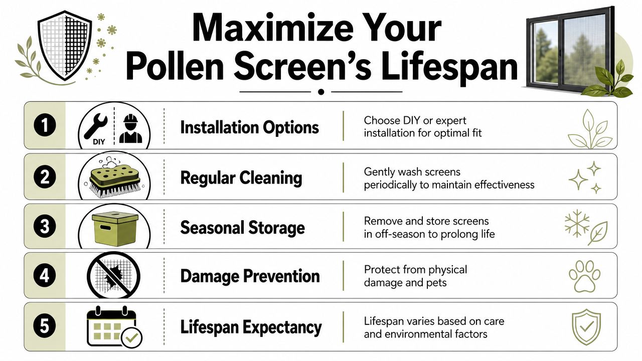 An infographic titled Maximize Your Pollen Screen's Lifespan, featuring five numbered steps for maintaining window screens.