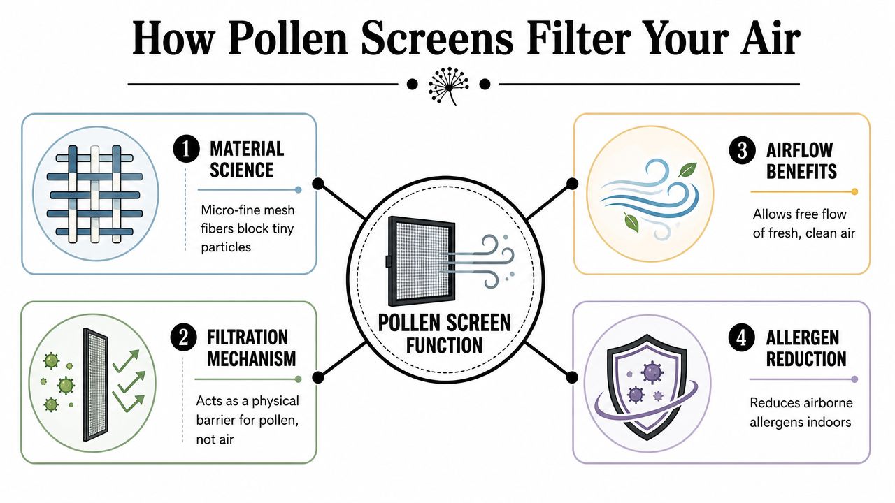 An infographic explaining how pollen screens work to filter air and reduce indoor allergens through physical barriers.