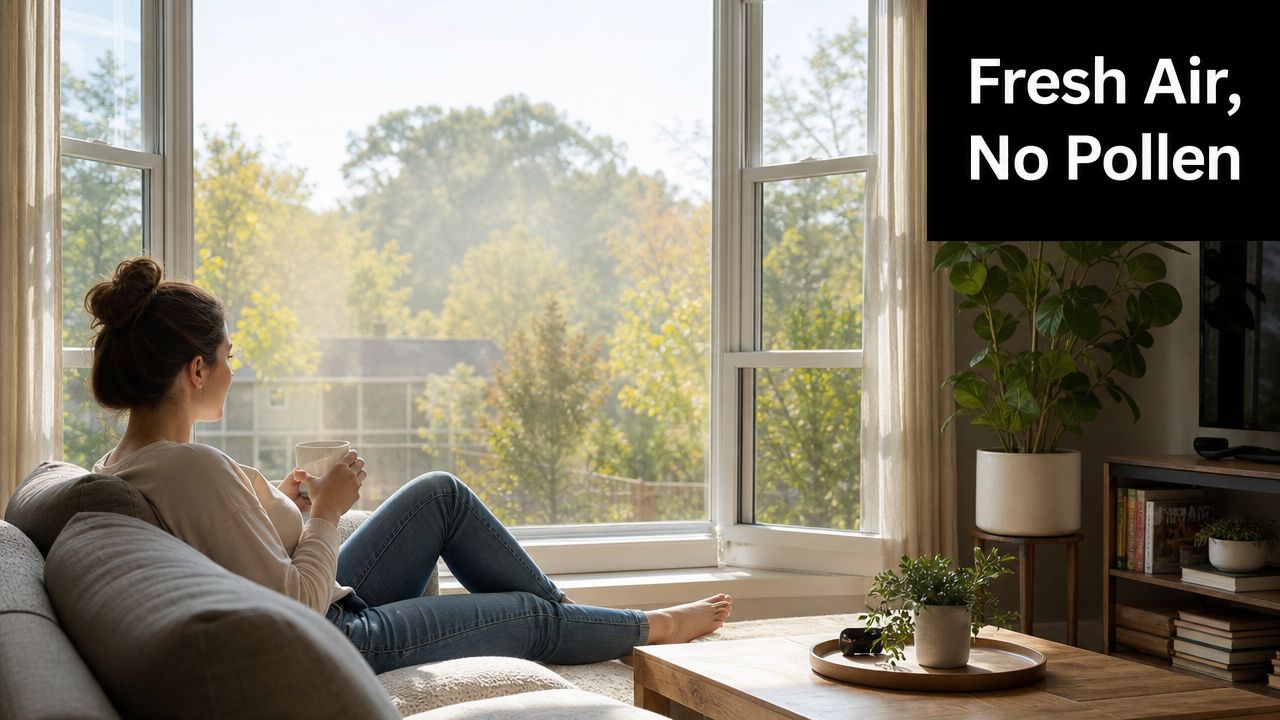 A woman relaxes on a cozy sofa by a large window, enjoying a calm, allergy-free home environment.