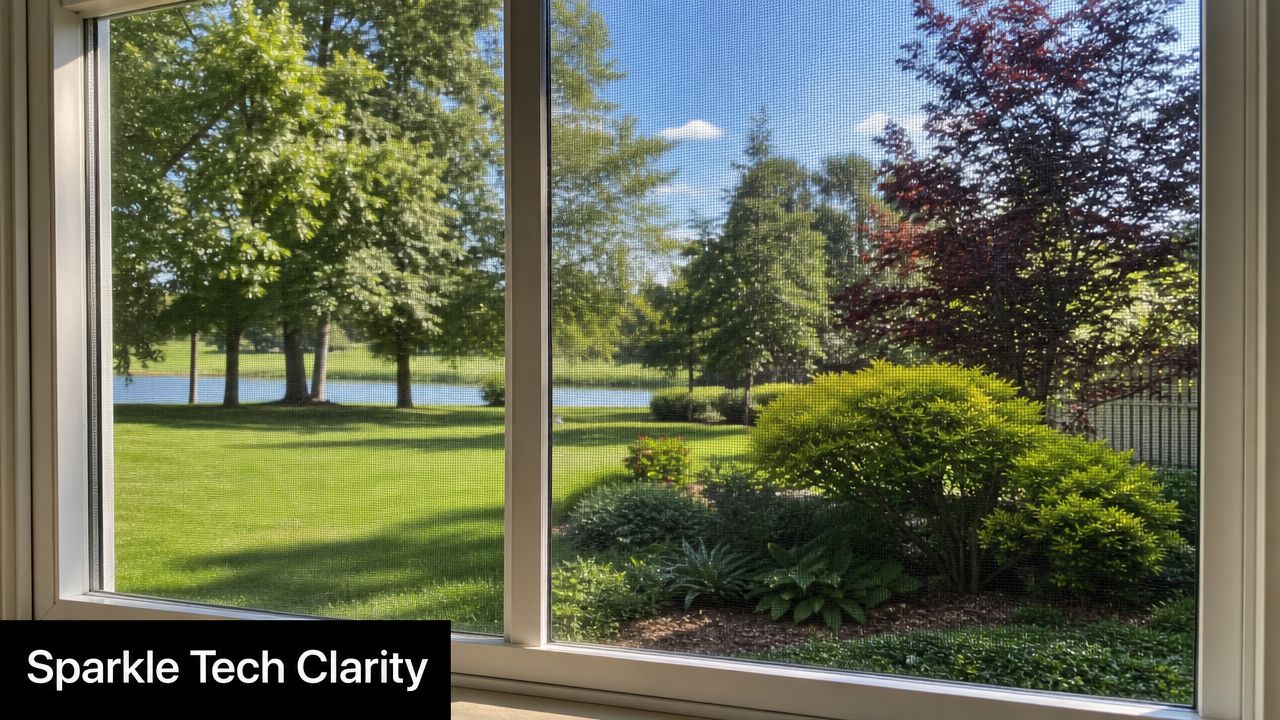 A view through high-clarity window pollen screens showing a lush green lawn, trees, and a lake.