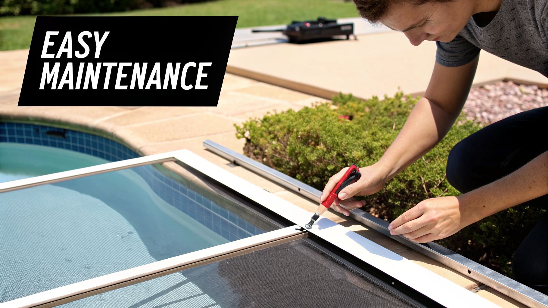 A person performs easy maintenance on a pool screen enclosure with a roller tool next to a swimming pool.
