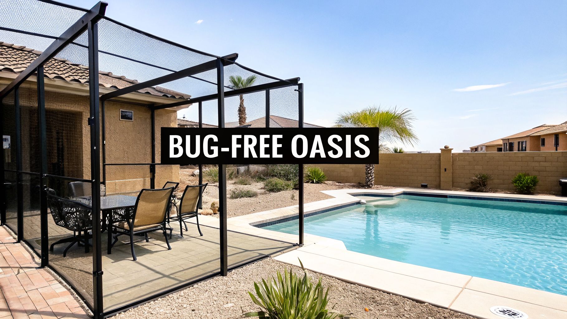 A luxurious backyard featuring a sparkling blue swimming pool and a screened patio enclosure with dining furniture.