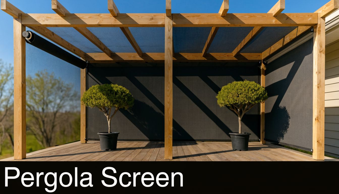 A wooden pergola on a wooden deck featuring retractable dark privacy screens and two potted shrubs.