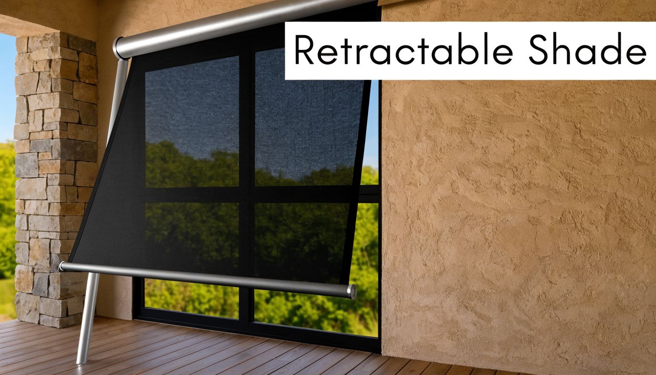 A sleek black retractable outdoor shade installed on a stone wall patio overlooking a green backyard.