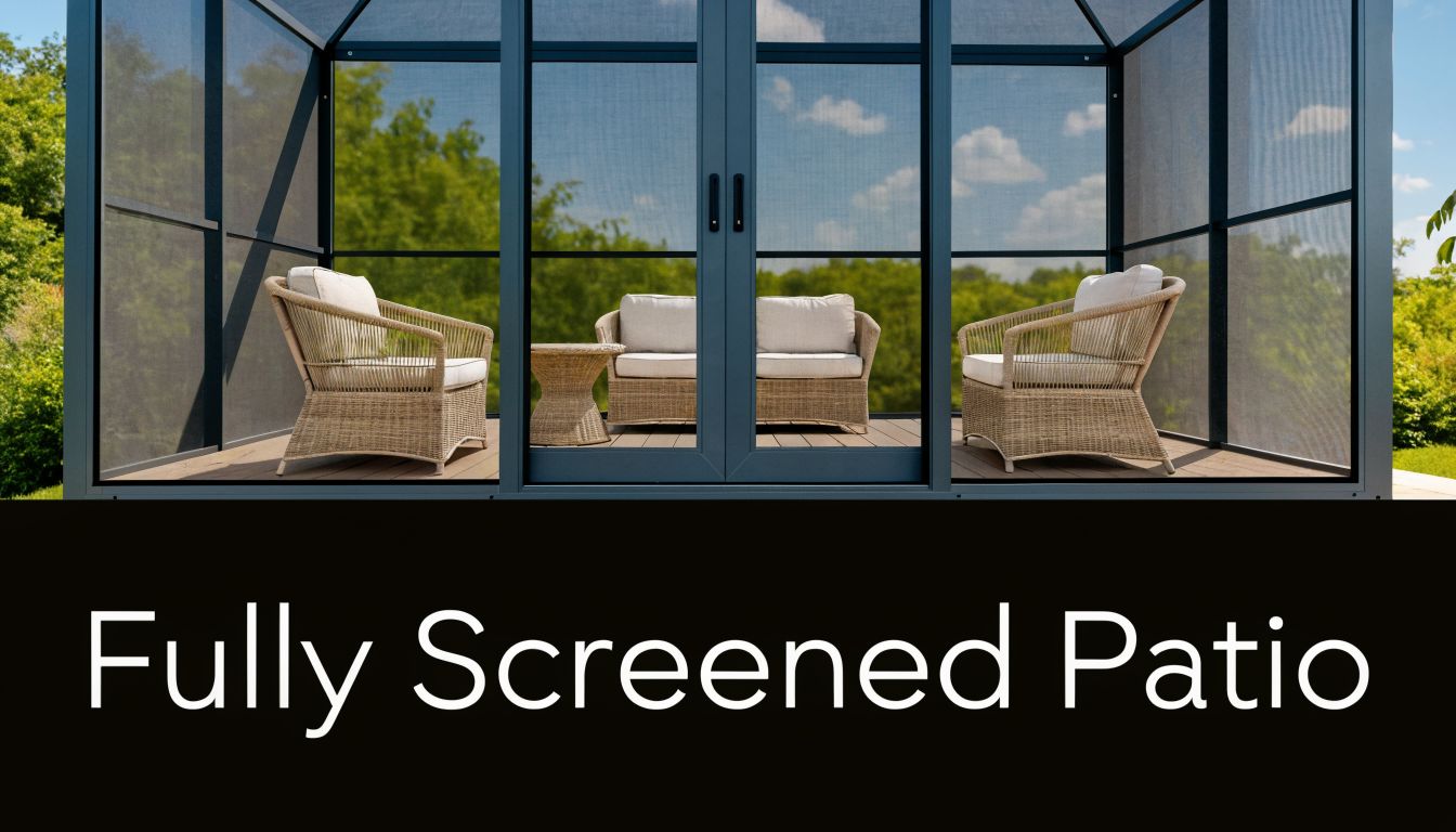 A fully screened patio enclosure featuring wicker armchairs, a loveseat, and a small side table on decking.
