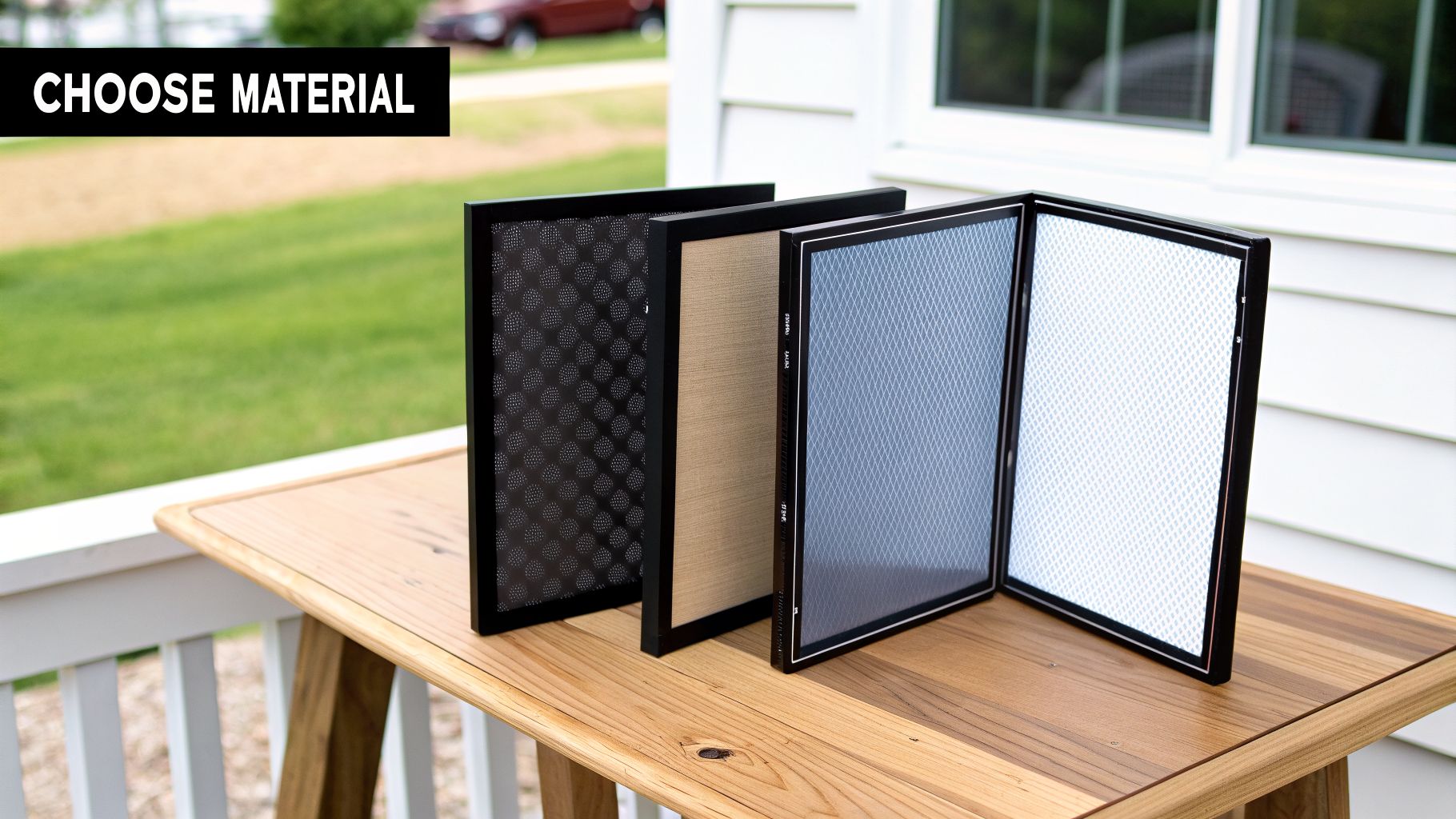 Display of various porch window screen materials with different patterns and textures on a wooden table.