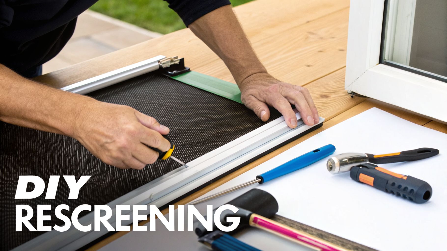 A person's hands are busy rescreening a window screen on a wooden table with tools.