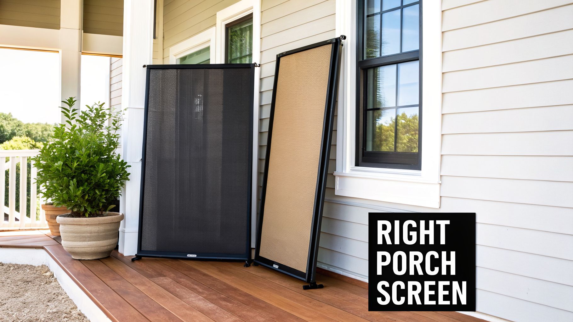 Two portable privacy screens, one dark and one tan, stand on a wooden porch with a potted plant.