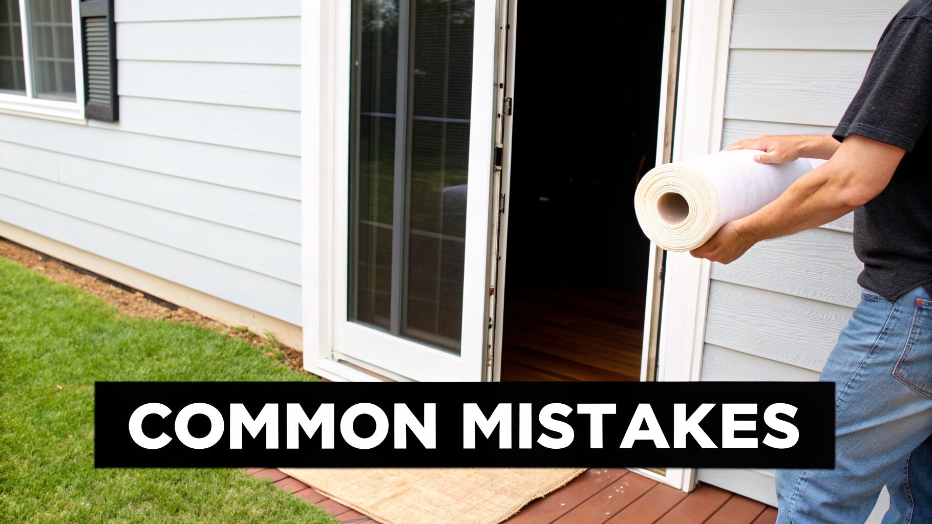 A person holds a rolled screen material near an open sliding door leading to a porch, with 'COMMON MISTAKES' text.