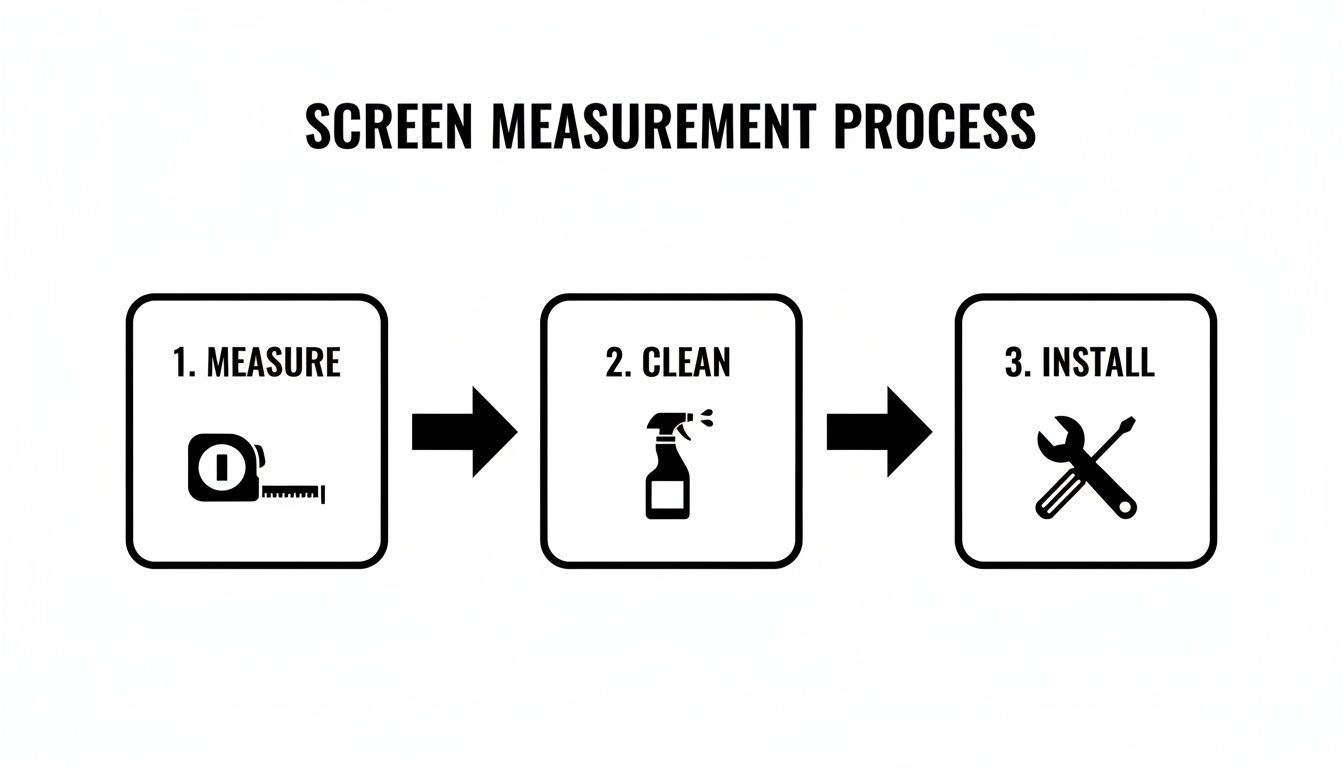 A simple infographic outlining the three steps for screen preparation: measure, clean, and install.