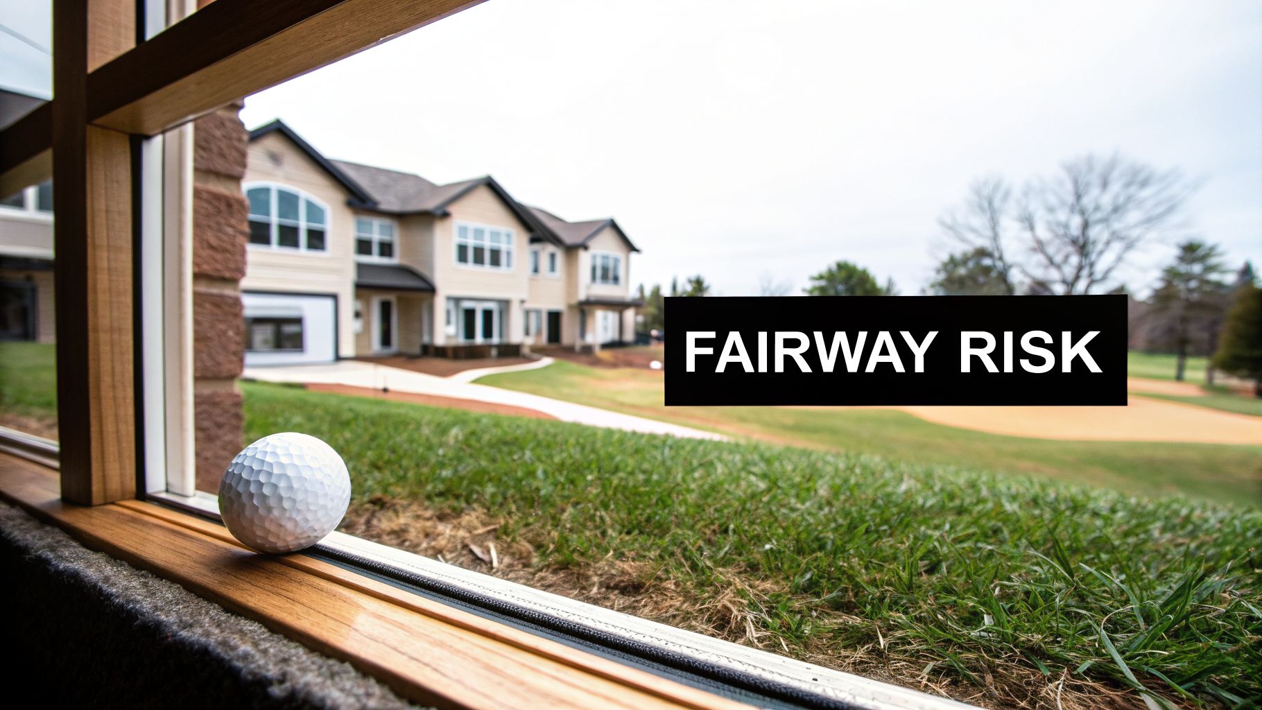 A golf ball sits on a window sill, overlooking a golf course and residential homes with 'FAIRWAY RISK' text.