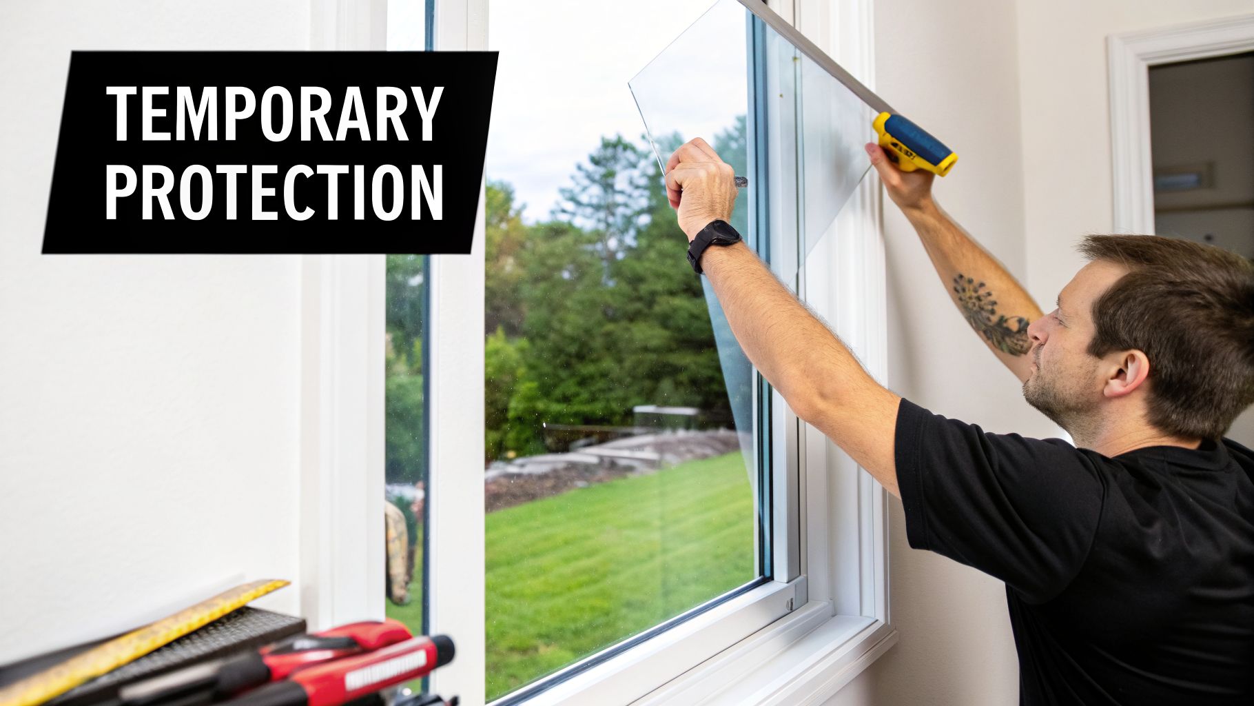 Man applying transparent protective film to a window, safeguarding it from potential damage.