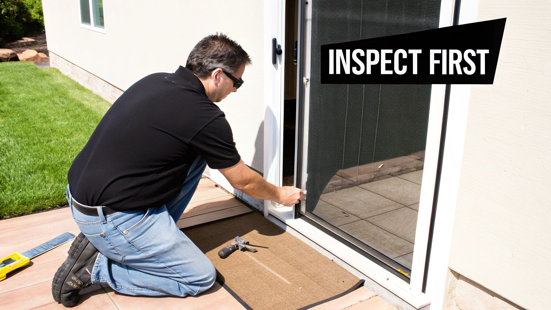 A man in sunglasses kneels on a patio, inspecting the bottom of a retractable screen door, with a "INSPECT FIRST" text overlay.