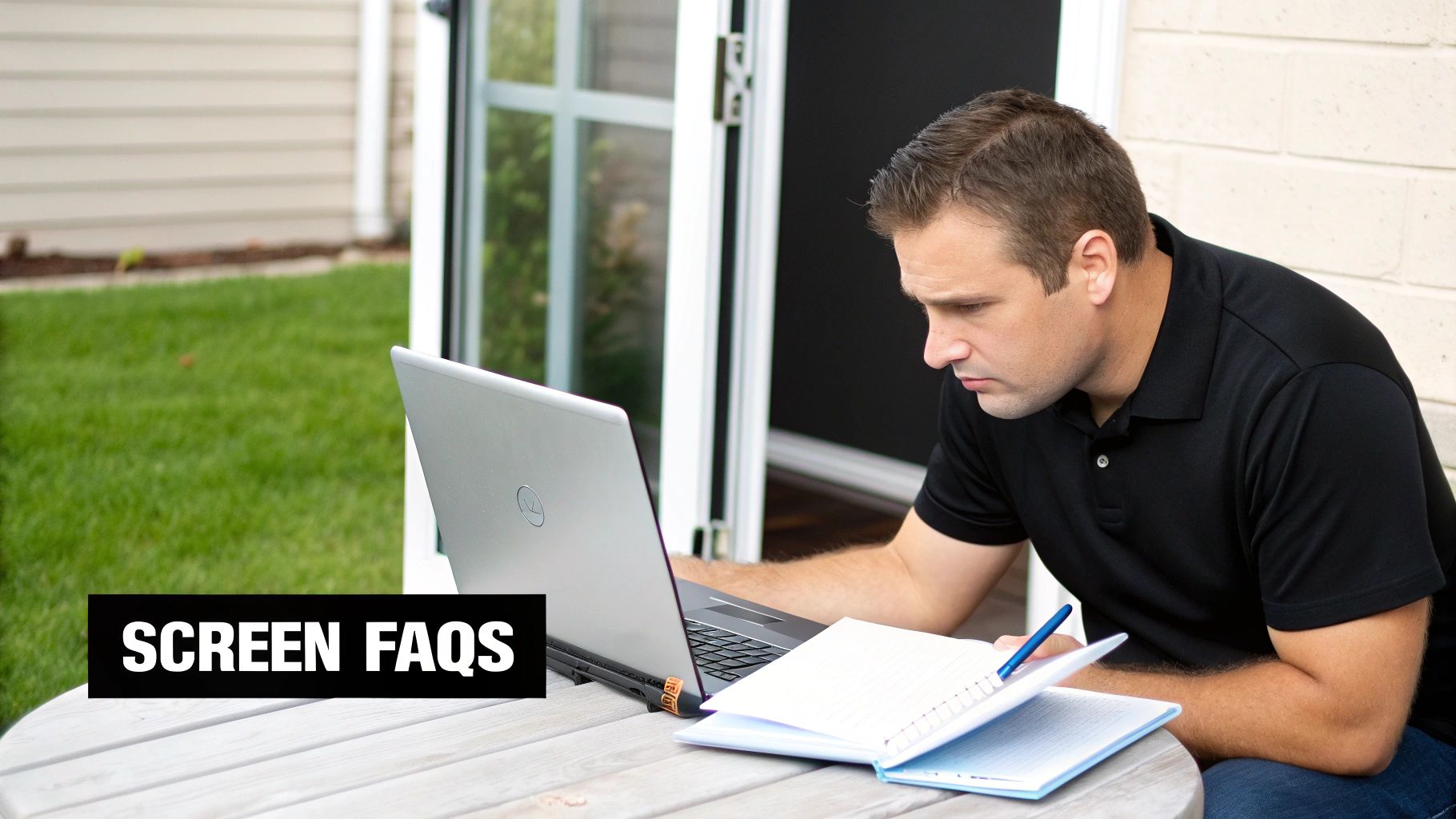 A man in a black polo shirt works on a silver laptop and writes in a notebook at an outdoor patio table.