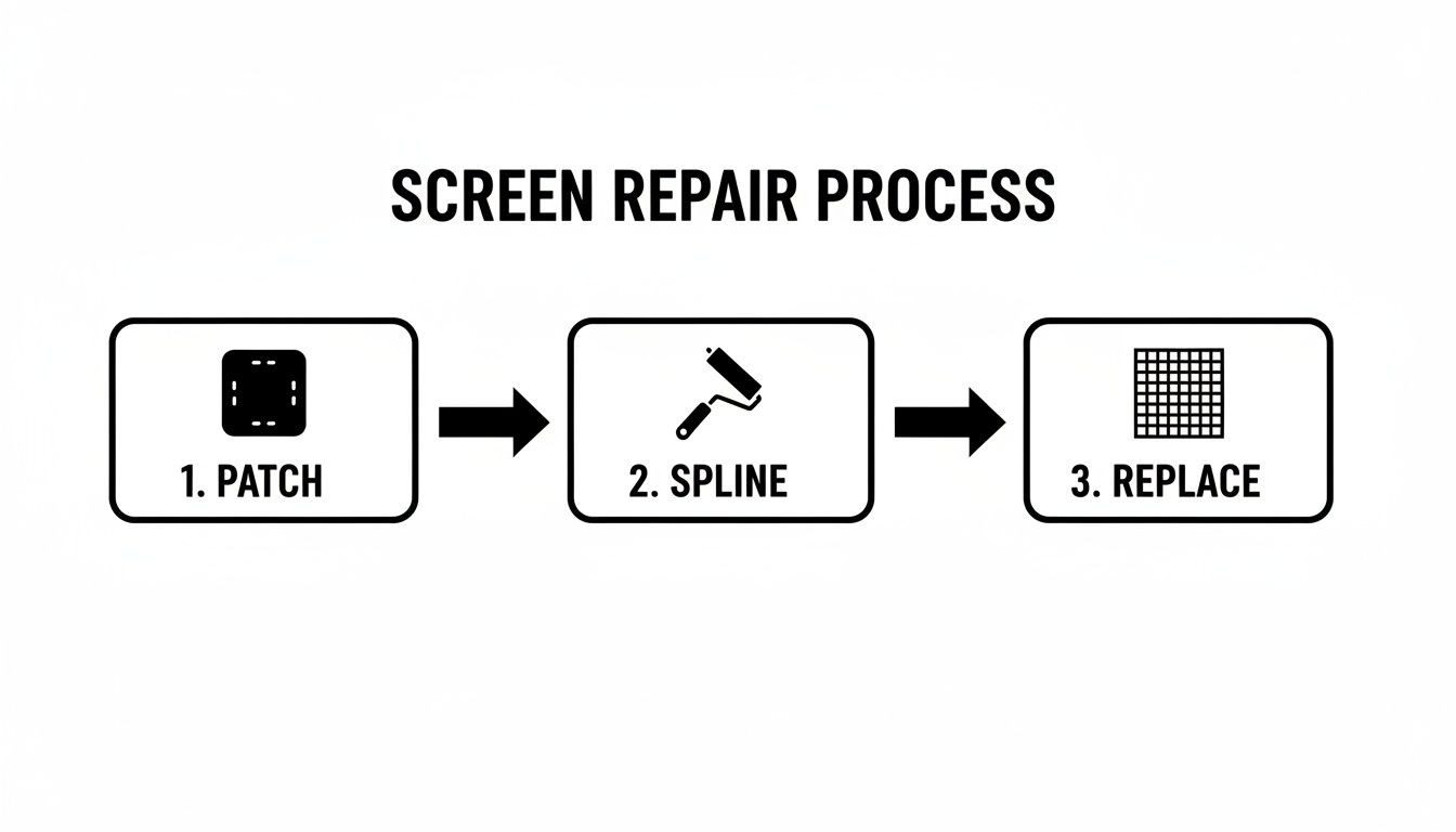 Diagram showing three steps for screen repair: patch, spline, and replace with icons.