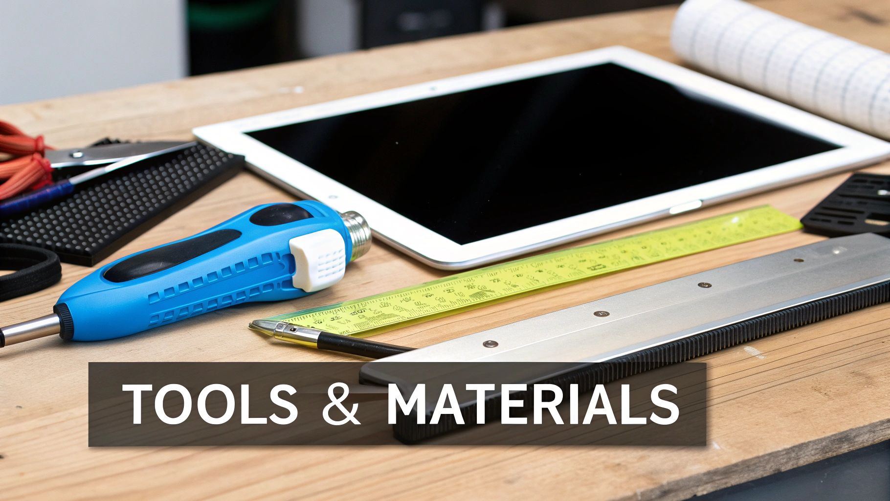 Various tools and materials like a blue screwdriver, ruler, knife, and iPad on a wooden table.