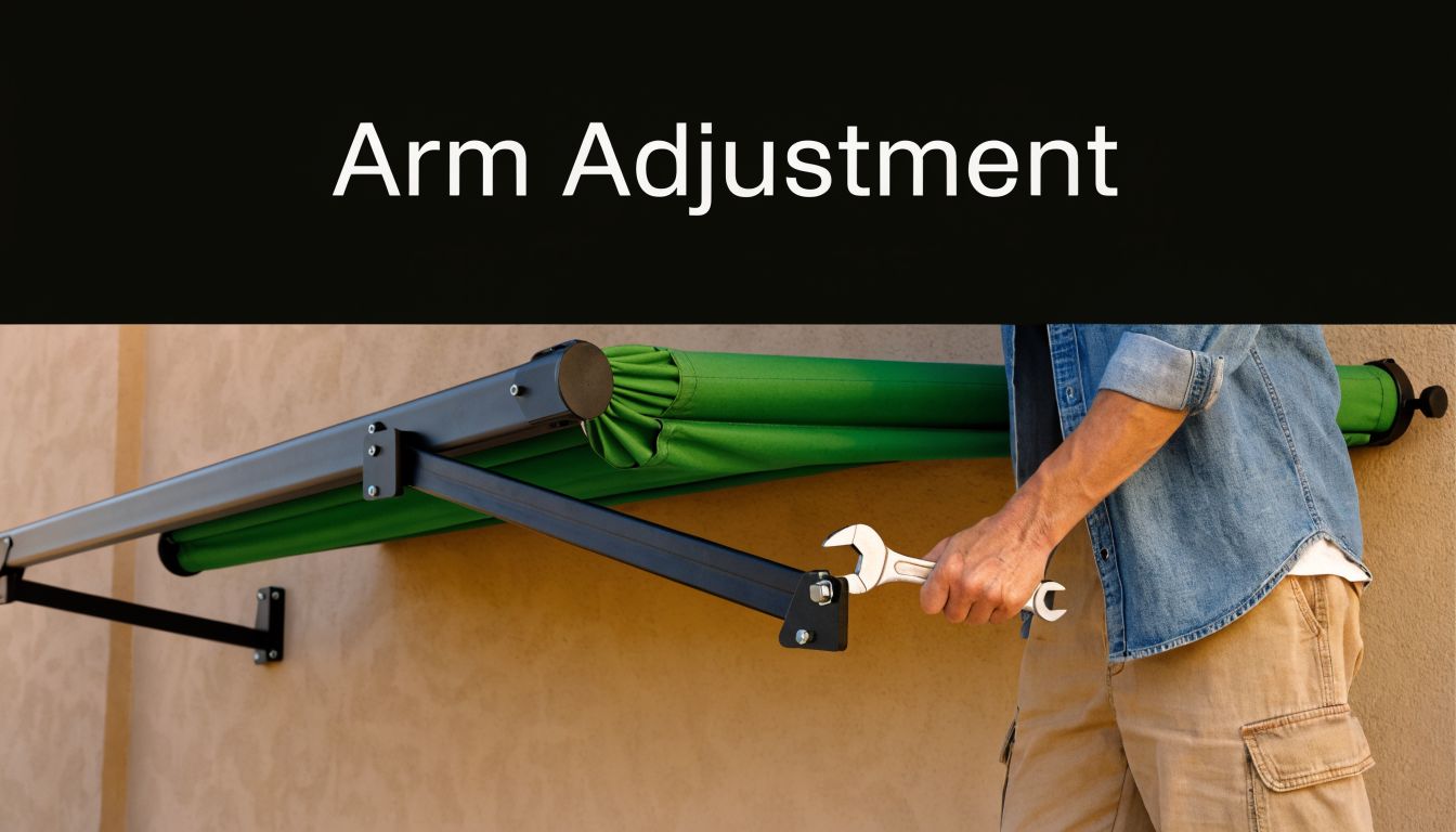A person adjusting the arm of a green retractable awning using an adjustable metal wrench.