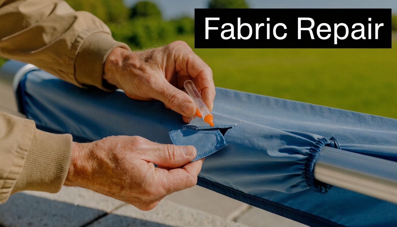 A close-up view of a person applying adhesive from a small tube to repair a tear in blue fabric.