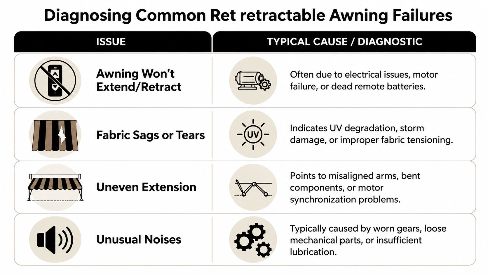 A diagnostic chart illustrating common retractable awning problems including failure to operate, fabric damage, uneven extension, and noise.