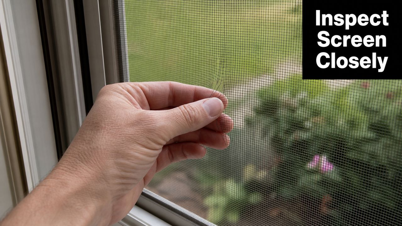 A hand holding a torn window screen mesh near the edge of a residential home window frame.