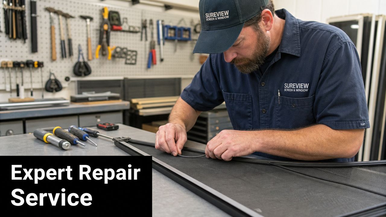 A professional technician wearing a Sureview uniform repairs a screen frame in a well-equipped workshop.