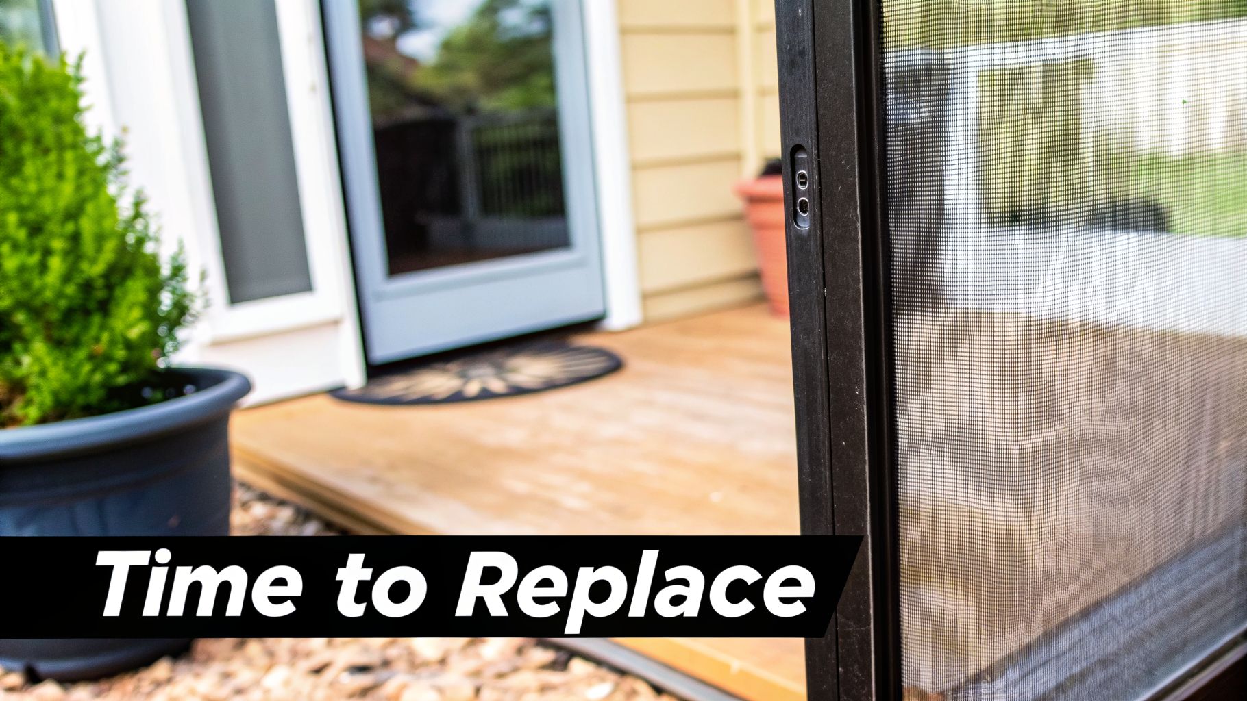 Close-up of a worn screen door needing replacement, showing a patio, potted plant, and house entry.