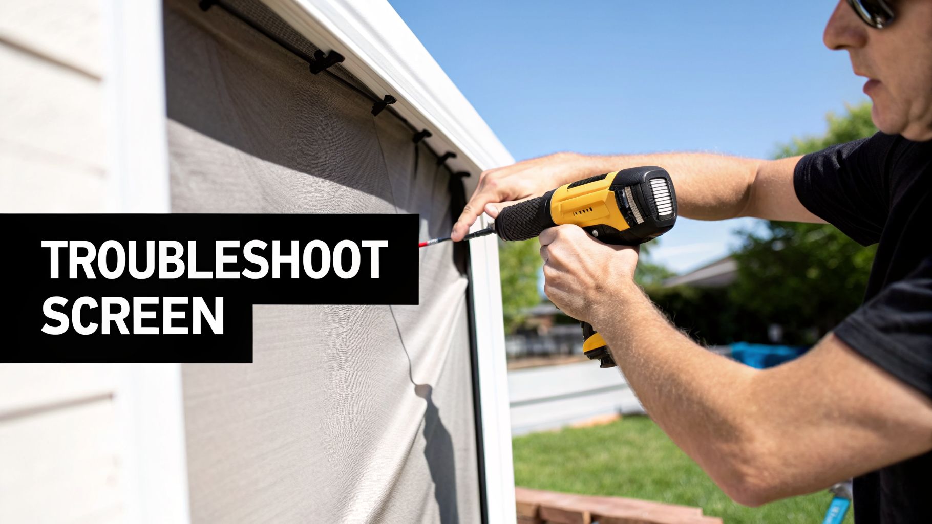 A person uses a power drill to troubleshoot or repair a screen on an outdoor patio structure.