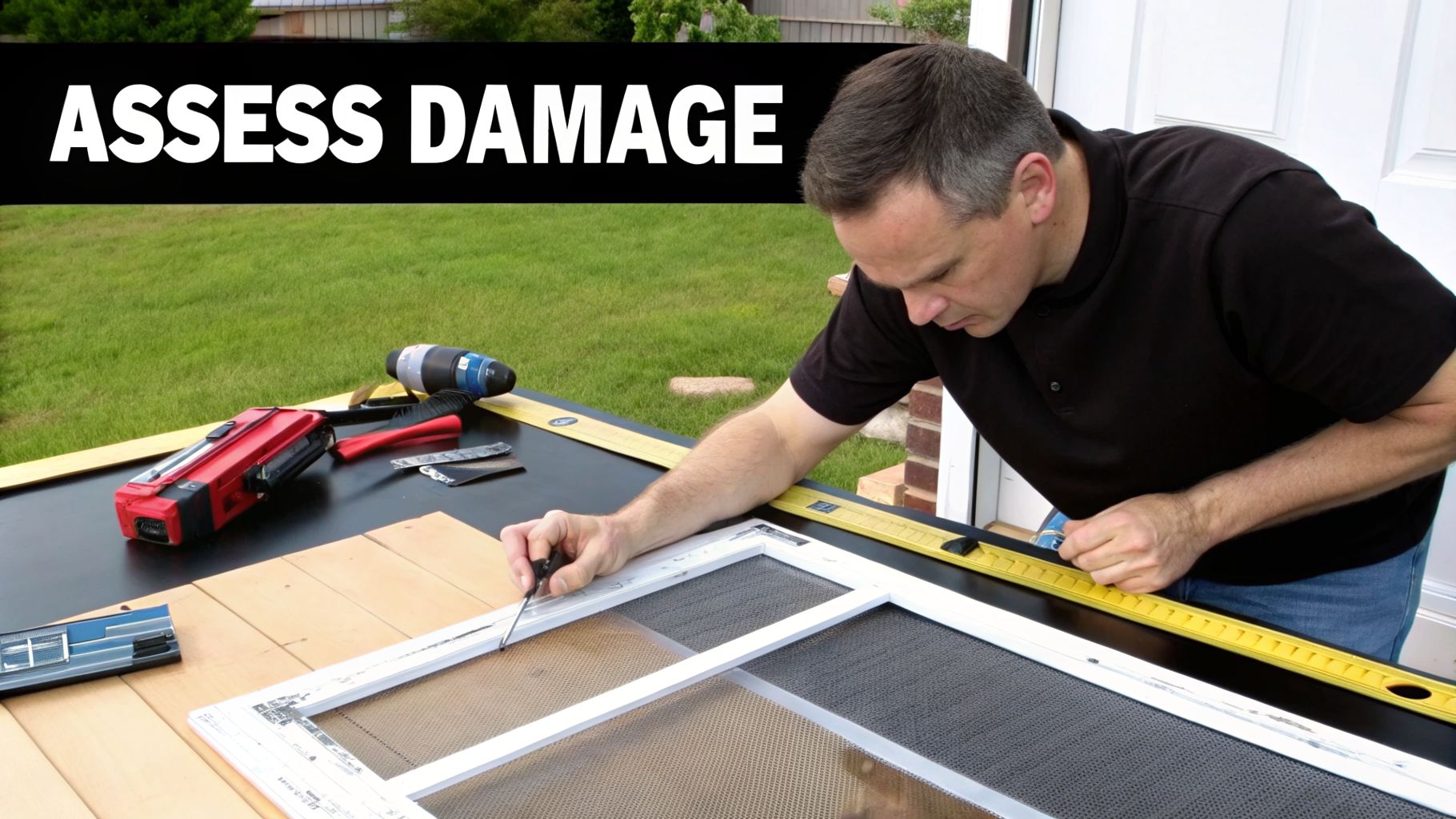 A man assesses damage on a screen door frame using a tool, with various tools on a workbench.