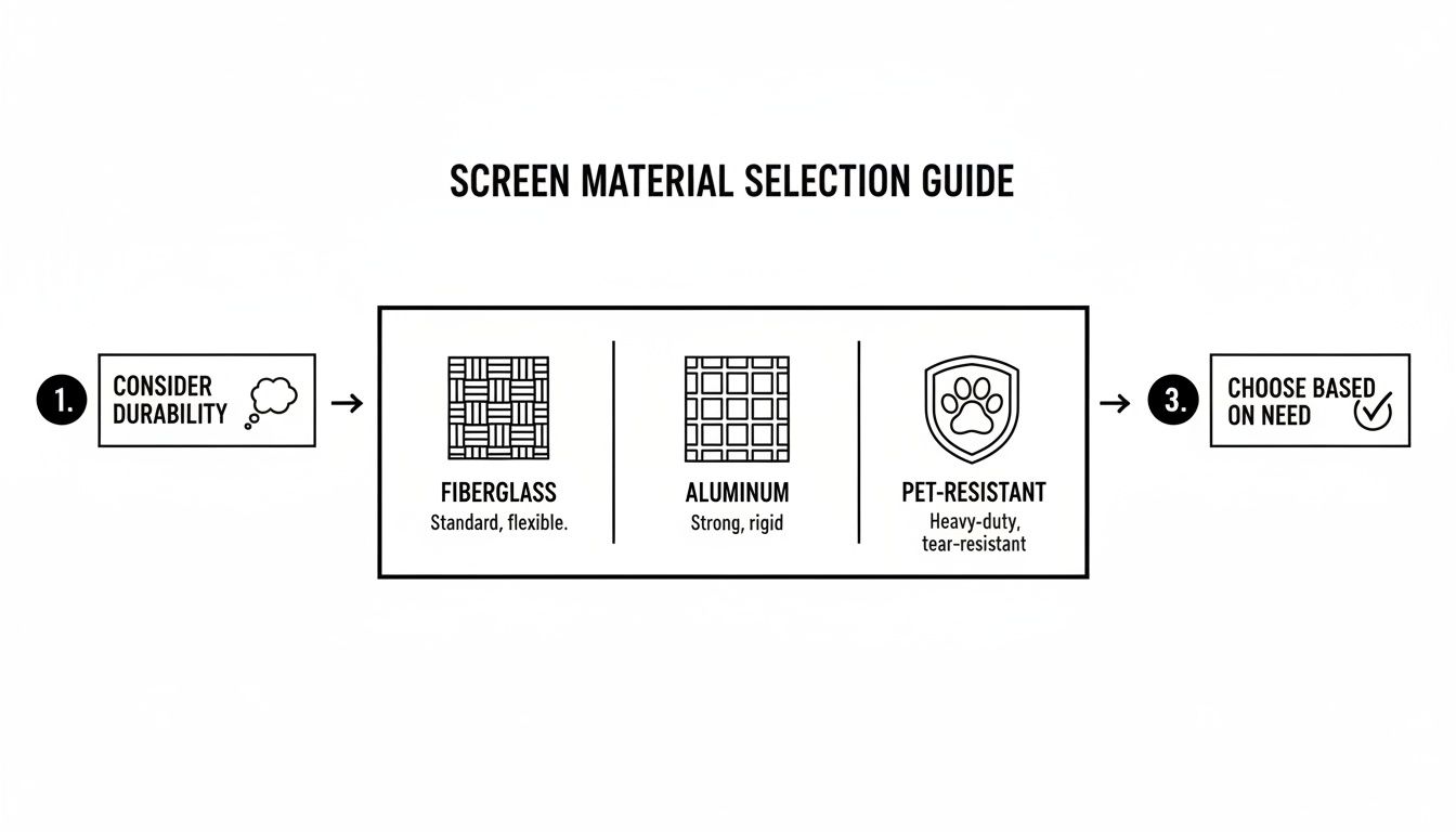 A screen material selection guide showing steps to choose screen type based on durability needs: fiberglass, aluminum, or pet-resistant.