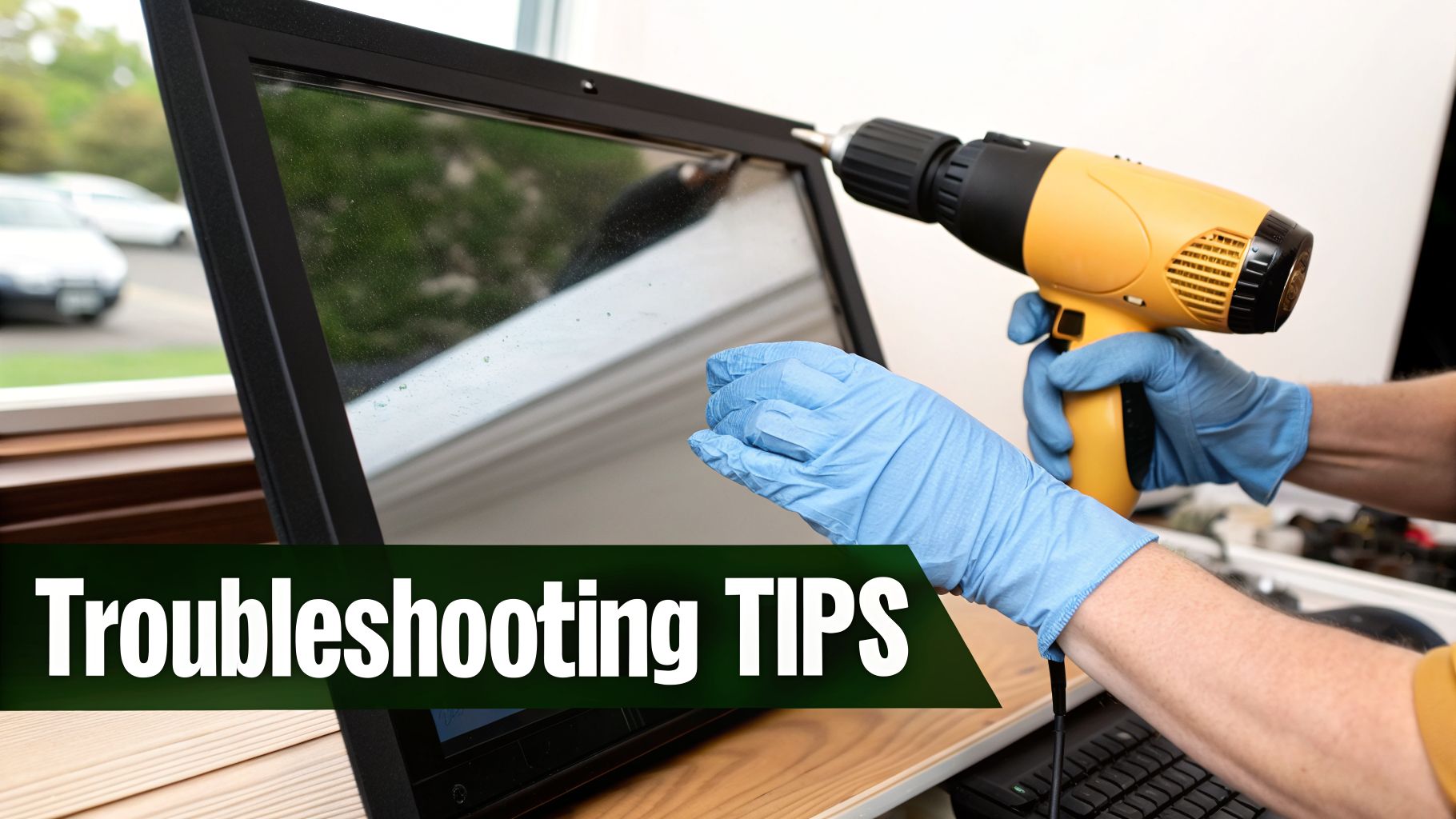Person in blue gloves using a yellow heat gun or drill to troubleshoot a screen or window.