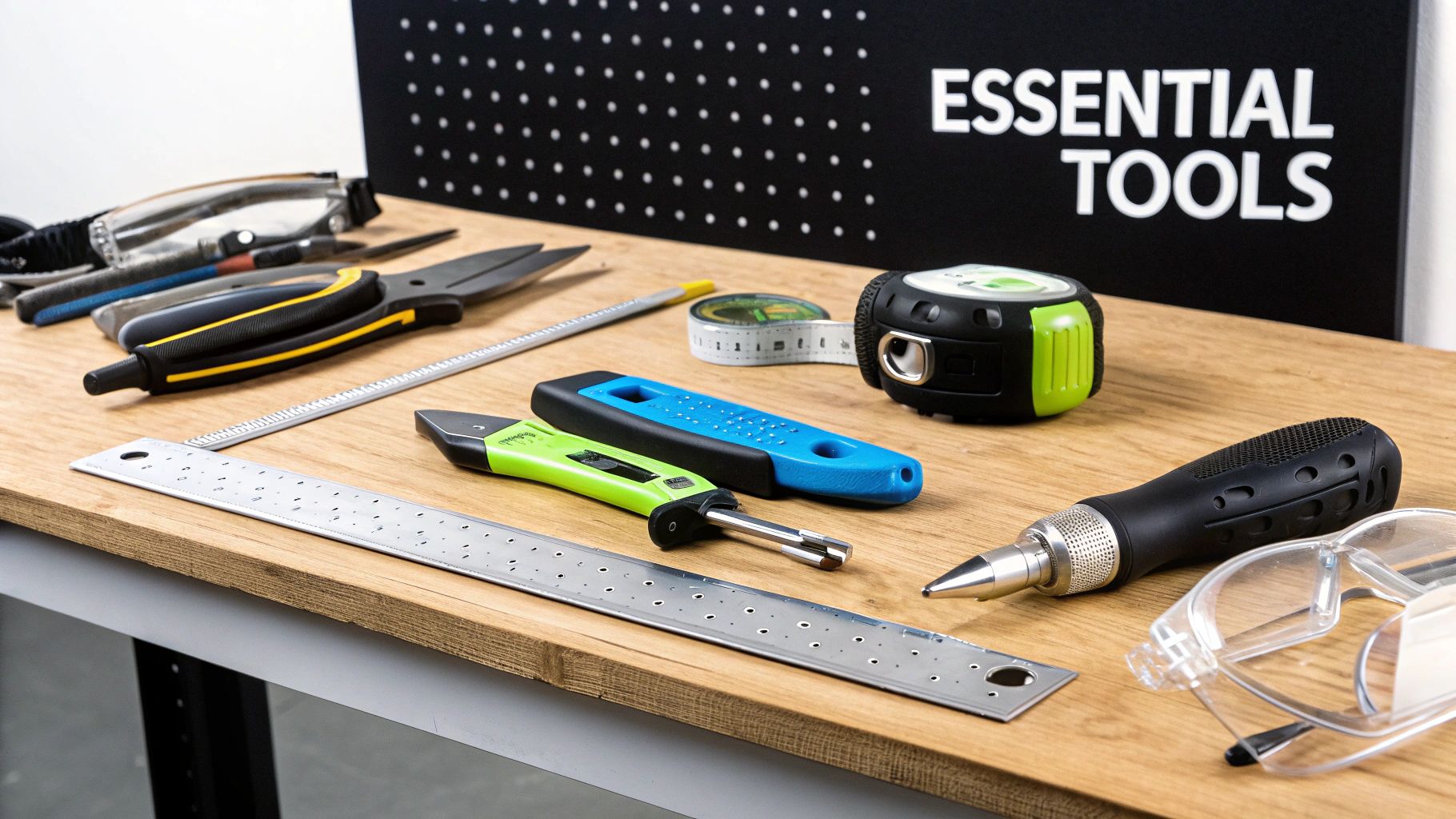 A collection of essential tools on a wooden workbench, including safety glasses, tape measure, rulers, and various hand tools.
