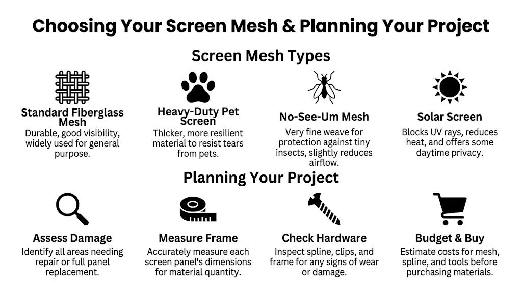 A guide on how to choose screen mesh types and plan home screen replacement projects effectively.