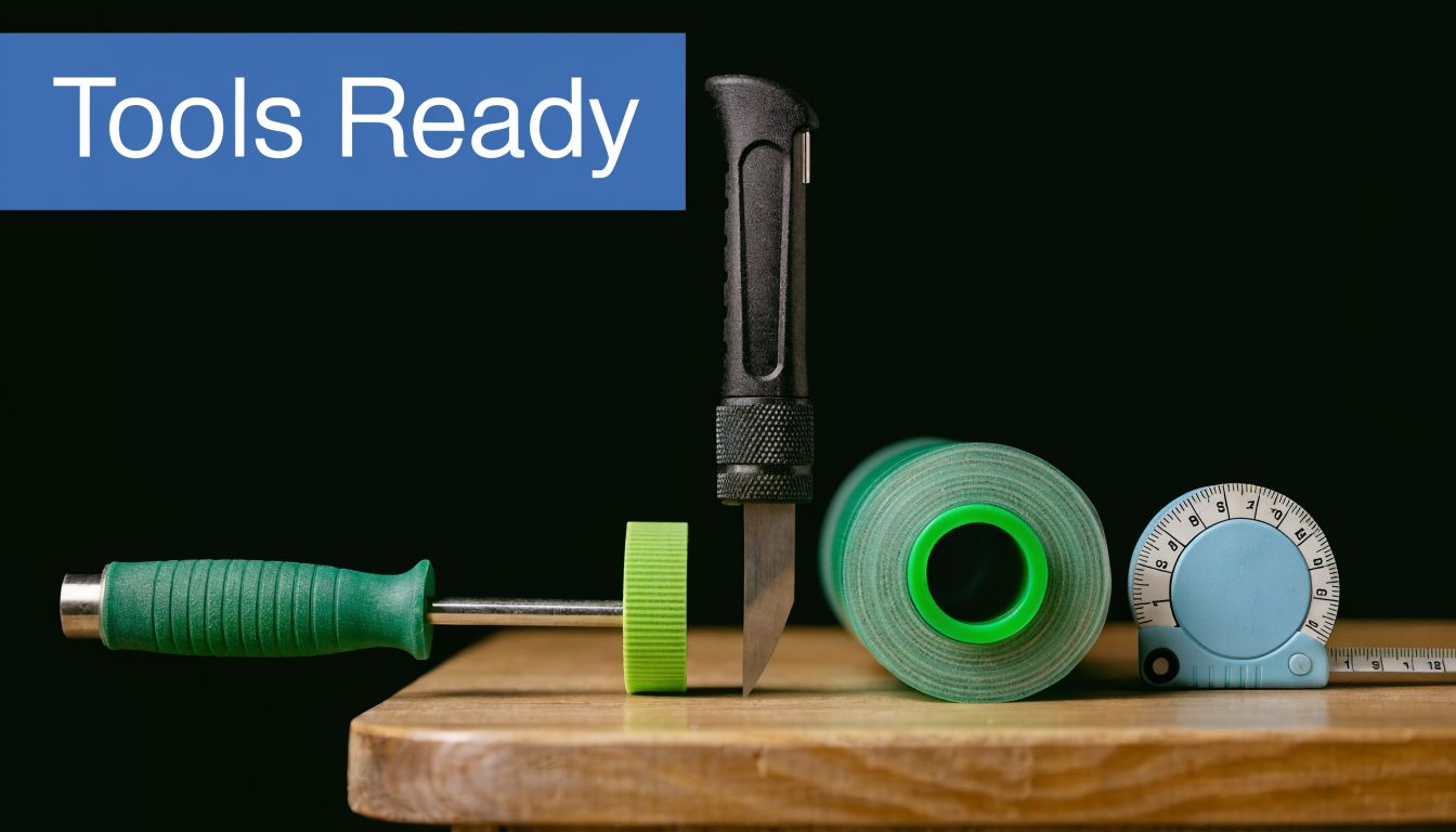 A collection of repair tools including a knife, screwdriver, and measuring tape on a wooden table.