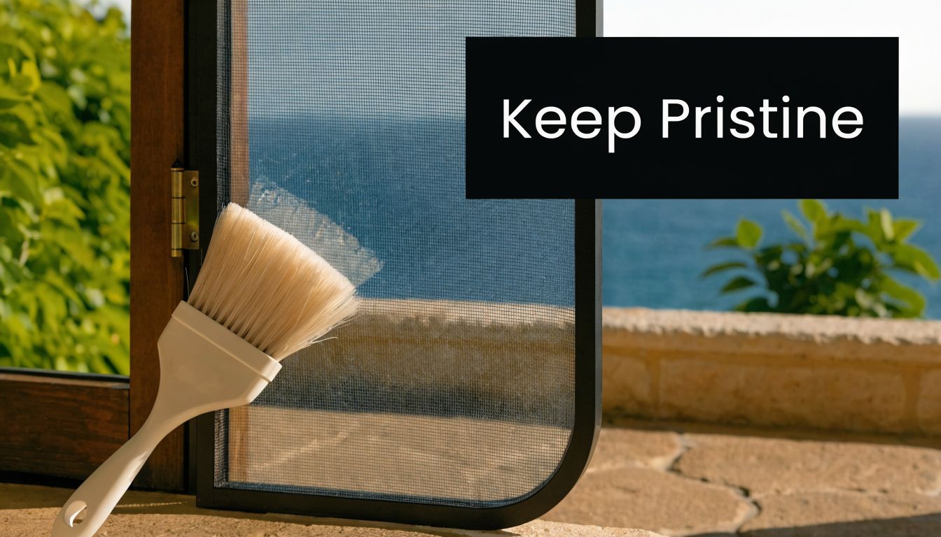 A soft bristle brush cleaning a screen door frame overlooking a sunny patio and ocean.