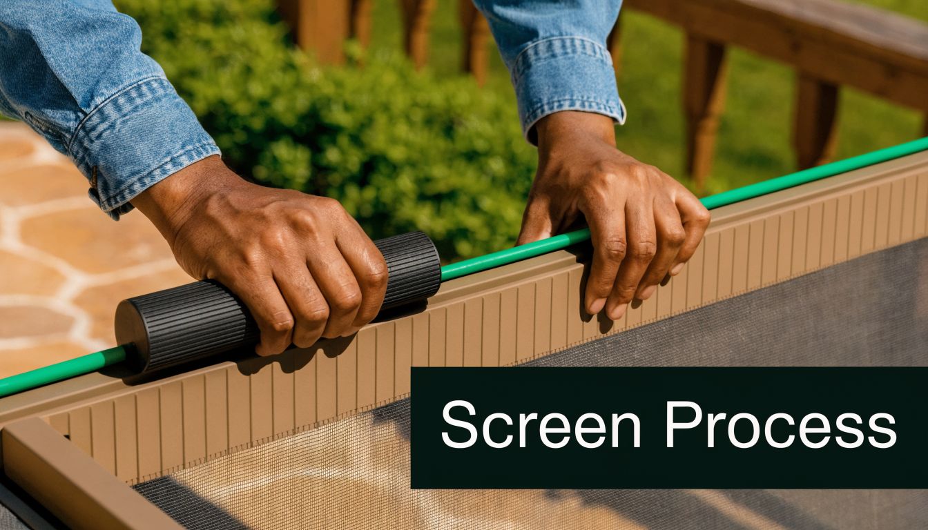 A person using a tool to press a green spline into a tan patio screen frame.