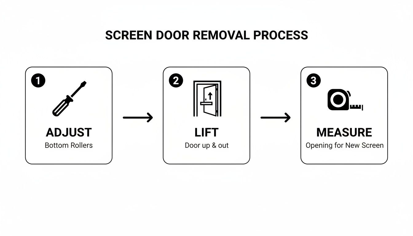 Diagram illustrating a three-step screen door removal process: adjust, lift, and measure.