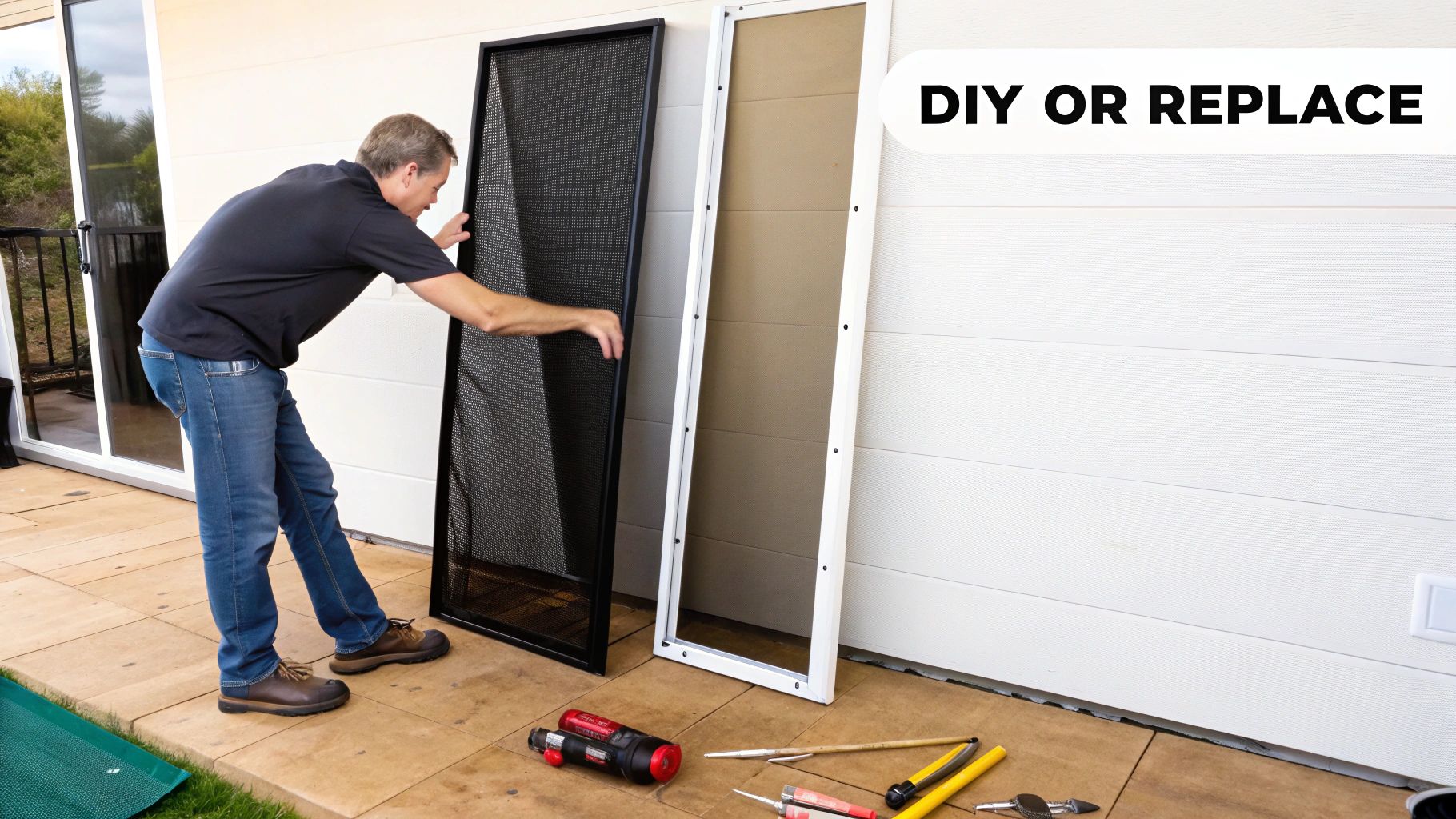 Man replacing a screen door, with tools on the ground and another screen leaning against the wall.