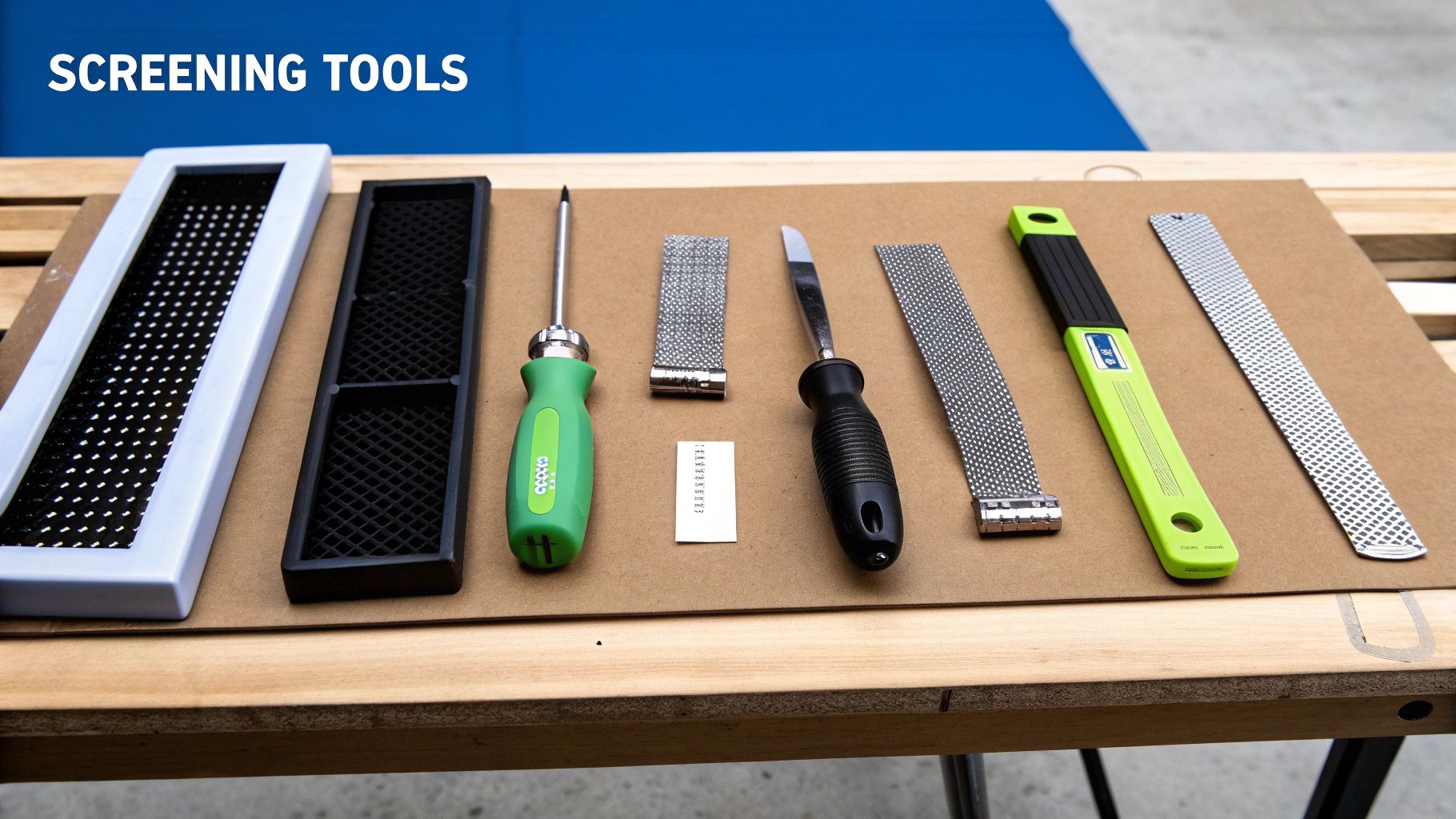 A collection of screening tools including frames, a screwdriver, a utility knife, and perforated metal strips on a wooden table.