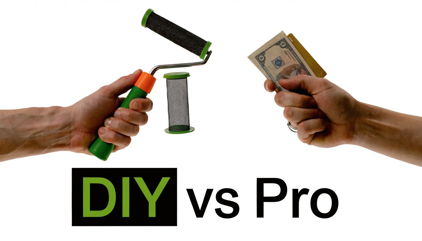 A hand holding a window screen roller tool next to a hand holding money for professionals.