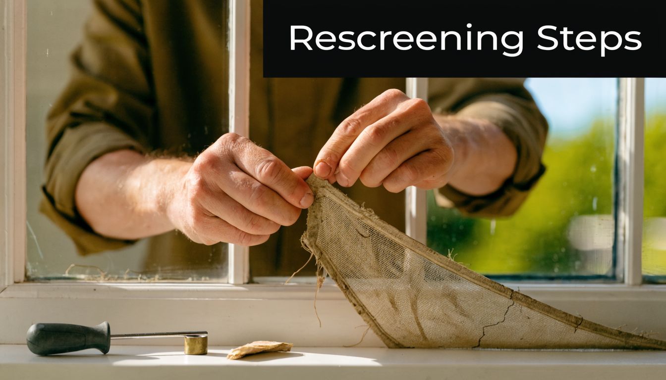 A close-up view of hands repairing a damaged window screen with tools resting on a windowsill.