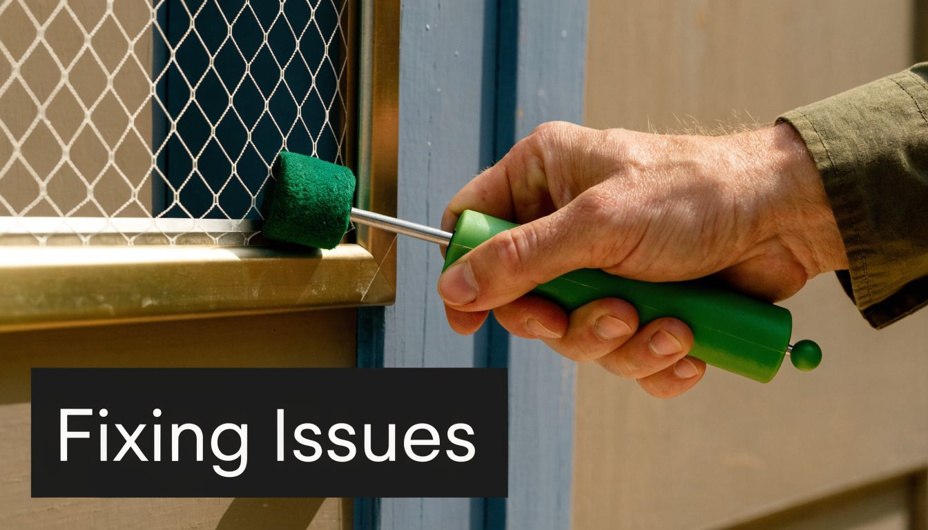 A hand using a specialized green rolling tool to install mesh screen into a window frame.